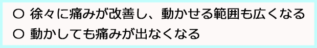 徐々に痛みが改善し、動かせる範囲も広くなる。動かしても痛みは出なくなる。