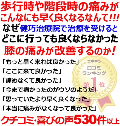 姫路市で膝関節痛の事ならクチコミ530件以上の実績のある健巧治療院お任せください。