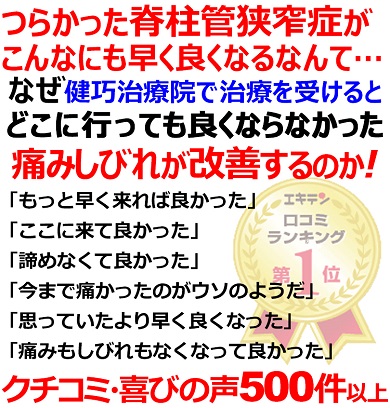 脊柱管狭窄症の事ならクチコミ560件以上の実績ある健巧治療院にお任せください