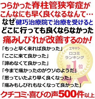 脊柱管狭窄症の事ならクチコミ530件以上の実績ある健巧治療院にお任せください