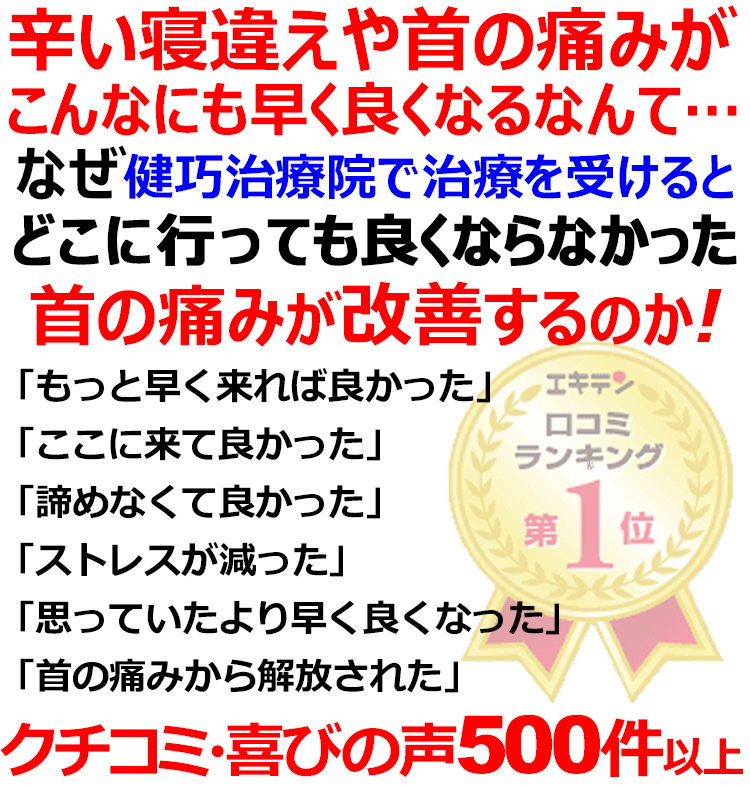 姫路市で寝違えや首の痛みの事ならクチコミ530件以上の実績ある健巧治療院にお任せください