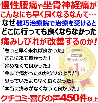 姫路市飾磨区で腰痛や坐骨神経痛の事ならクチコミ480件の治療実績のある健巧治療院にお任せください。