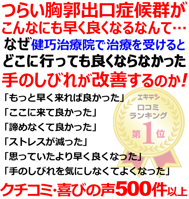 姫路市飾磨区で胸郭出口症候群の事ならクチコミ530件以上の治療実績のある健巧治療院にお任せください。